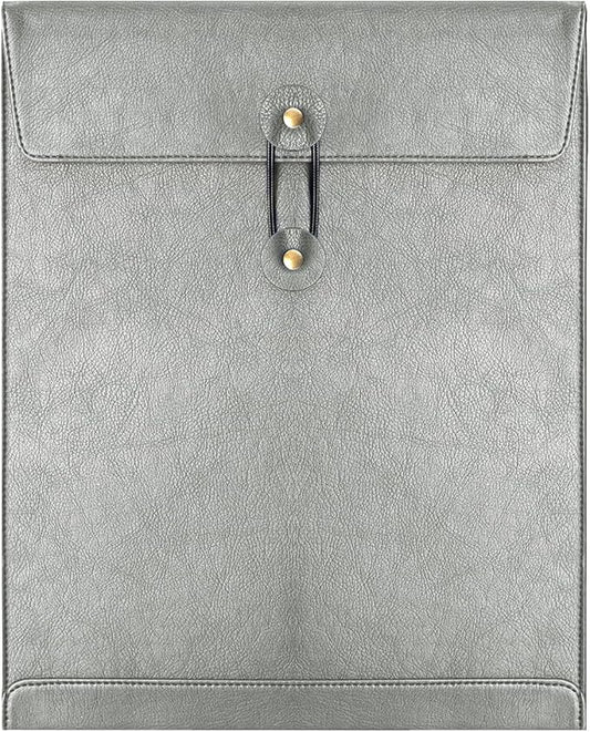 Grey PU Leather File Folder for Documents,Important Document Folder with String Tie,Laptop Sleeve Notebook Case,Leather File Organizer,A4 Envelopes Filing Folder