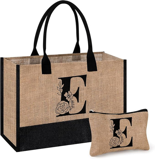 AYGE Personalized Initial Jute Tote Bag & Makeup Bag, Beach Bag, Monogrammed Birthday Gifts for Women Sister Mom Bridesmaid