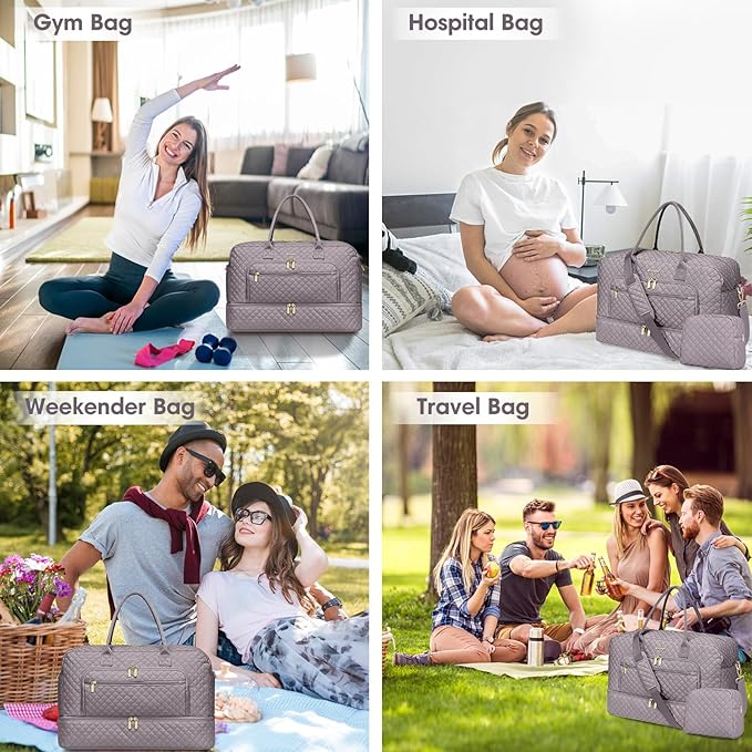 Travel Duffle Bag Weekender for Women - Carry-On Overnight Bag Personal Item Bag with Shoe Compartment & Wet Pocket Large Weekend Tote Bags with Toiletry Bag Hospital Bags for Labor and Delivery