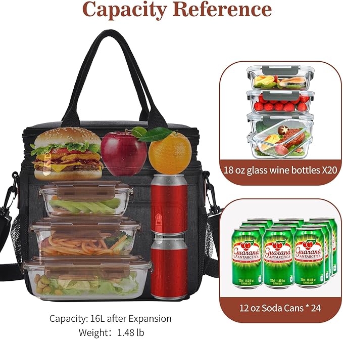 LOKASS Lunch Box for Women, 16L, Double Deck Expandable Insulated Lunch box For Adults/Women Thermal Large Waterproof Leakproof Cooler Bag with Shoulder Strap - Black