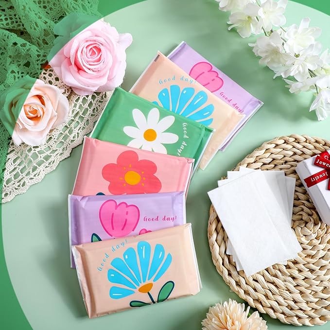 PerKoop 100 Pack Pocket Tissues Travel Slim Packs Small Facial Tissues Wallet Size Toilet Paper for Travel Guest Wedding Supplies, 4 Styles(Cute Floral)