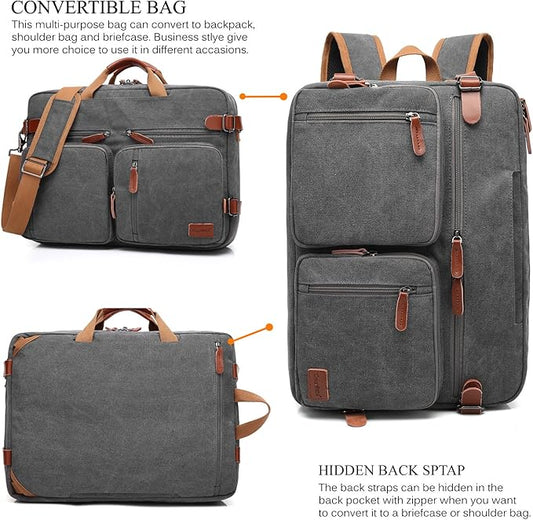 Convertible Backpack Messenger Shoulder Bag Laptop Case Business Briefcase Multi-Functional Travel Handbag Fits 17.3 Inch Laptop for Men/Women (Canvas Dark Grey)