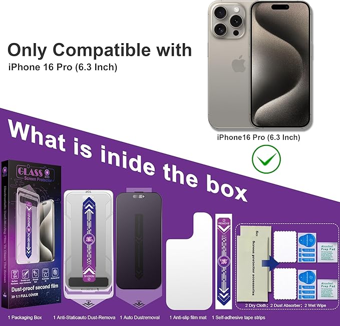 2 Pack Matte Privacy Screen Protector for iPhone 16 Pro, 9H Tempered Glass, Full Coverage, Anti-Fingerprint, Auto Dust-Elimination, No Bubble, Easy Installation