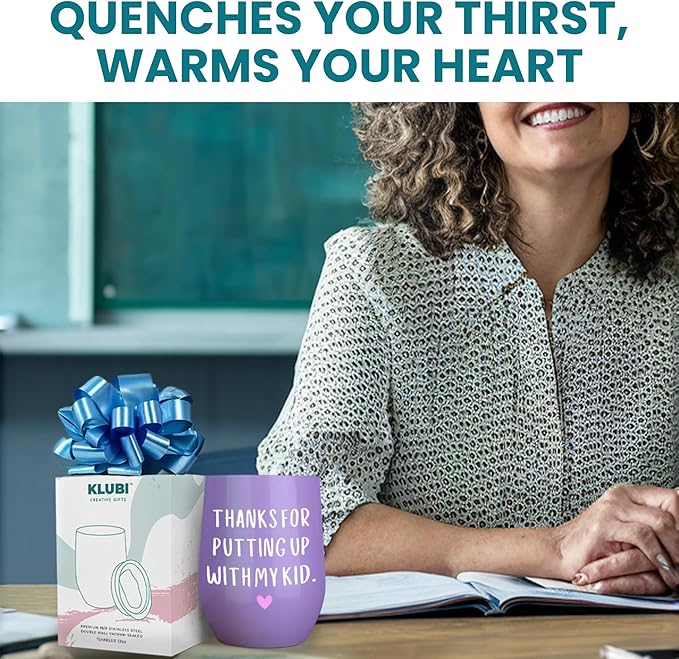 KLUBI Daycare Provider Gifts - Thanks For Putting Up With My Kid Tumbler 12oz Purple Coffee Mug Daycare Teacher Gifts for Teacher Appreciation for Women - Happy Teachers Week Gift for Her