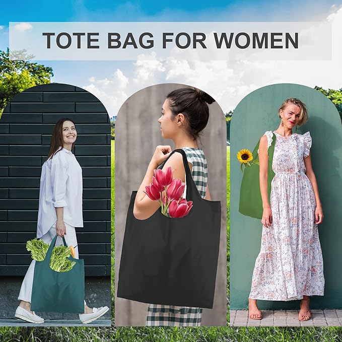 BeeGreen Reusable Grocery Bags Heavy Duty Extra Large 6 Pack Foldable Tote Bag - Cloth Grocery Bags Machine Washable Polyester Fabrics Bulk Shopping Bag - Reusable Gifts for Women (Green Black)