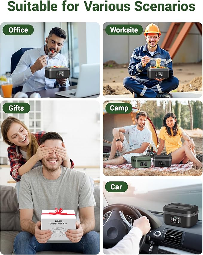 ODSD Cordless Electric Lunch Box for Adults, 16000mAh Rechargeable Self-Heating Lunch Box Food Warmers with Timer & Adjustable Heating, 34oz/1L Container with Insulated Bag for Office Car Outdoor