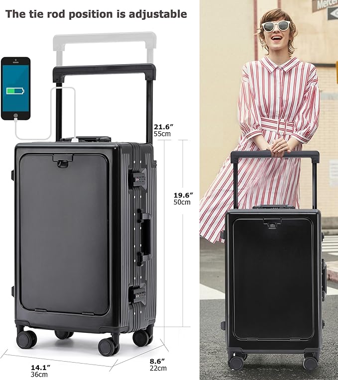 feilario 20" Aluminium Frame Hardside PC Carry on Luggage - Wide Handle Double Spinner Wheels Suitcase with TSA lock