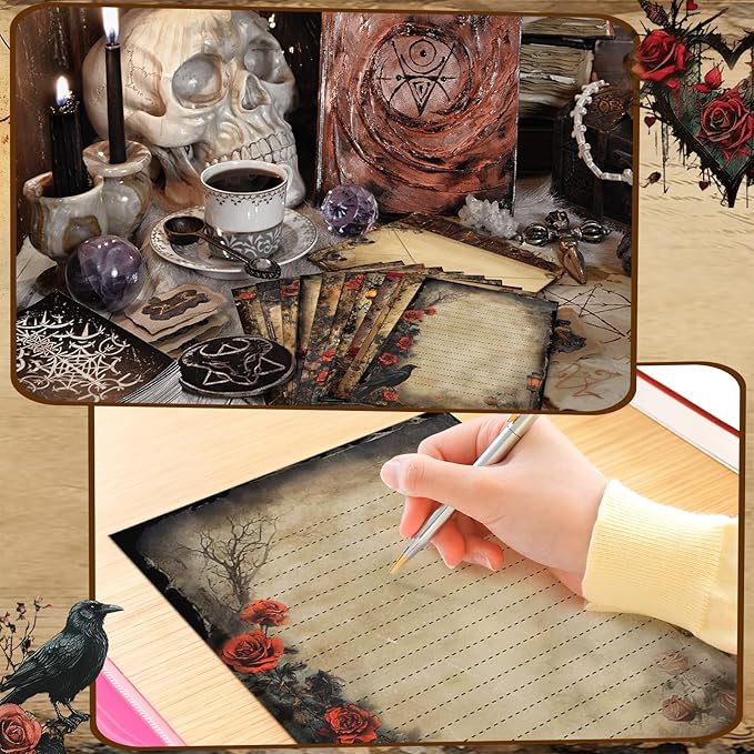 TaoBary 160 Pcs Stationery Paper Set 50 Double Sided Stationery Papers with 50 Matching Envelopes and 60 Round Dot Sticker, 10 Design(Gothic Style,8.5 x 11 Inch)