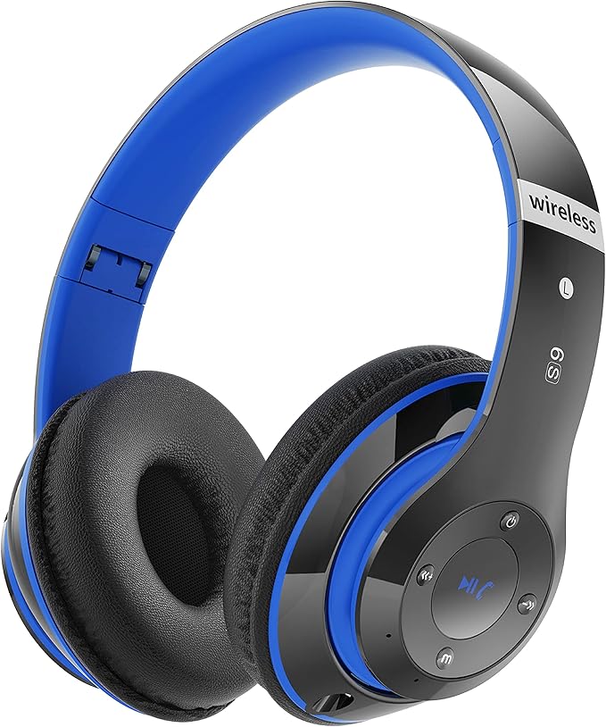 Bluetooth Headphones Over Ear, 6S Foldable Wireless Headphones with 6 EQ Modes, 40 Hours Playtime HiFi Stereo Headset with Mic, Soft Ear Pads, TF/FM for Cellphone/PC/Home (Black & Blue)
