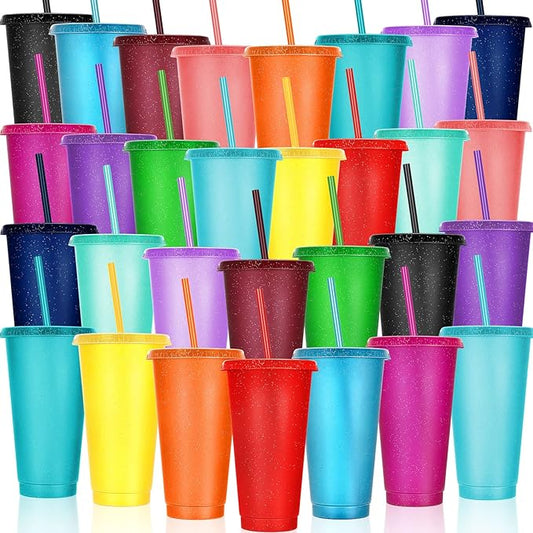 Honeydak 30 Pack Tumbler with Straw and Lid Bulk Glitter Plastic Cups Water Bottle Iced Coffee Travel Mug Reusable Party Favor Cups for Birthdays travel 24-27 oz (Vivid Color)
