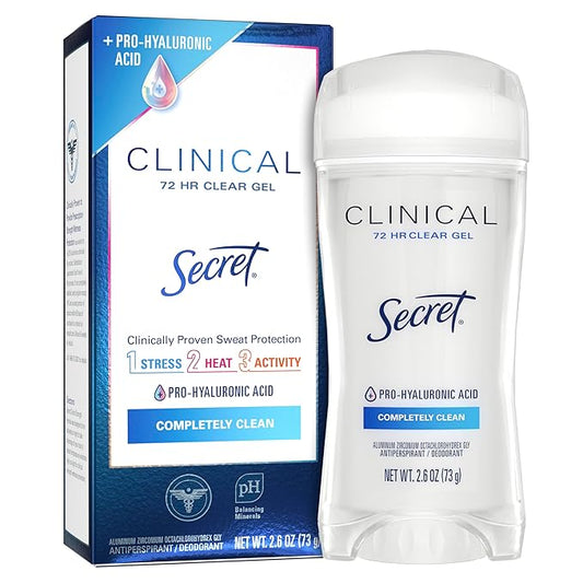 Secret Clinical Strength Antiperspirant Deodorant for Women, 3X Stress Protection, 72hr Sweat & Odor Protection, PH Balancing Minerals, Clear Gel, Completely Clean Scent, 2.6 oz