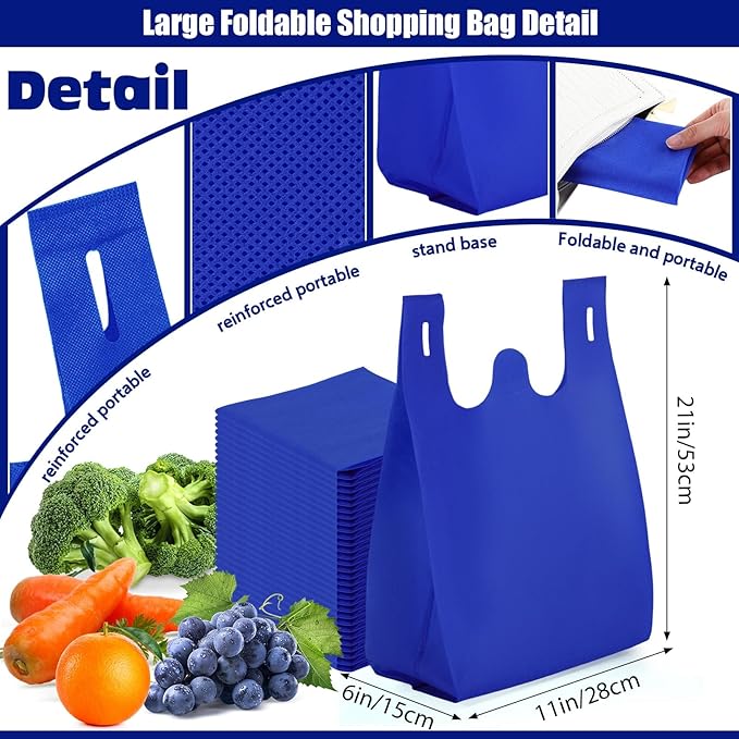 Windyun Large Grocery T-shirt Bags Bulk Reusable Non Woven Shopping Bag Foldable Gift Tote with Handle, 21x11x6 Inch