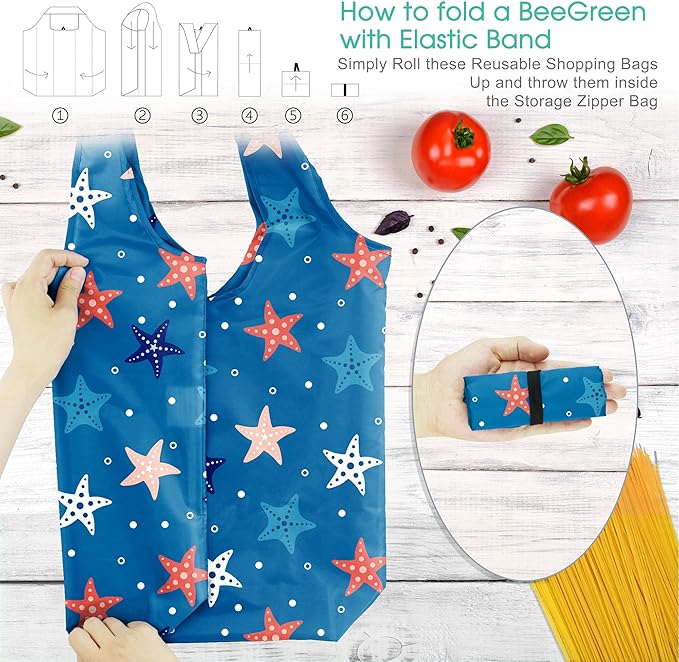 BeeGreen Reusable Grocery Bags with Zipper Storage Pouch 6 Pack Ocean Pattern Reusable Shopping Bags Bulk with Elastic Band Foldable-Machine Washable Christmas Gifts Tote Bags