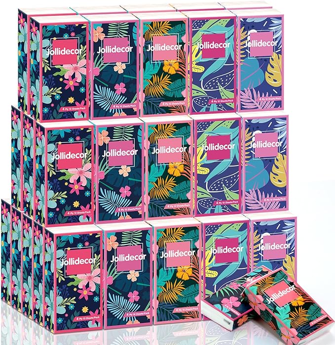 Jollidecor 50 Packs Soft Portable Tissues 4 Ply Pocket Facial Tissues Bulk 500 Sheets Travel Size Tissues Individual Strong and Absorbent Flower Style Tissue for Home Bag Pocket Car Wedding Gifts