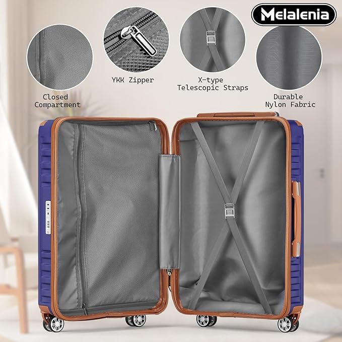 Melalenia Luggage Sets 7 Piece Hard Shell Carry on Suitcase with Spinner Wheels and TSA Lock, Lightweight Travel Duffel Bag for Women, Men, Navy Brown