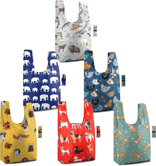 BeeGreen Reusable Grocery Bags 6 Pack - Foldable, Heavy Duty Shopping Tote Bags with Zipper Pouch, Large Capacity (50+ Lbs), Animal Prints Designs for Women & Men, Machine Washable