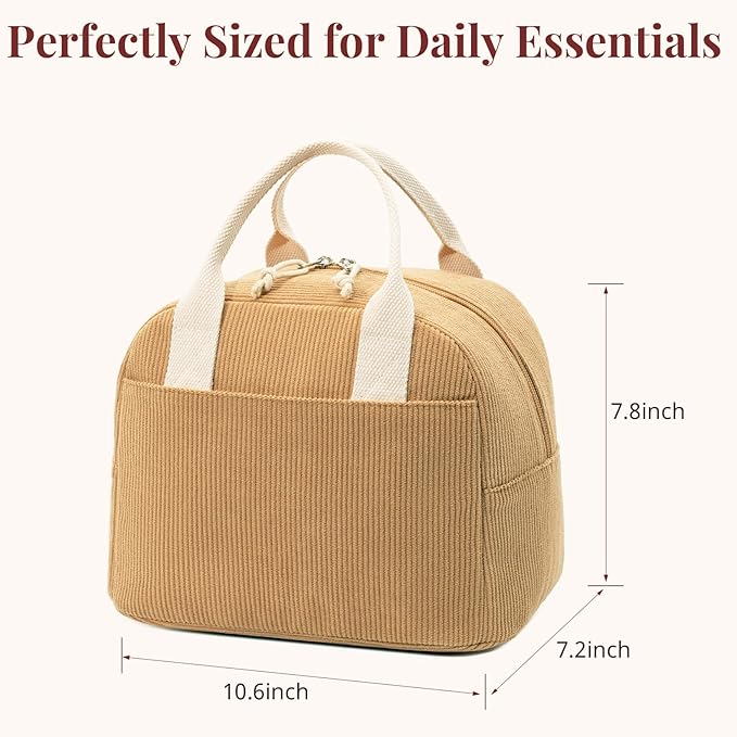 Insulated Lunch Bag for Women Men, Stylish Corduroy Tote Bag with Aluminum Lining, Large Capacity Reusable Cooler for Work, Travel, or Beach, Camel Brown Lunch Box
