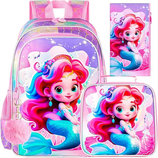 3Pcs Mermaid Backpack for Girls, 16" Kids Bookbag for Elementary Preschool Kindergarten, School Backpacks with Lunch Box(Pink)