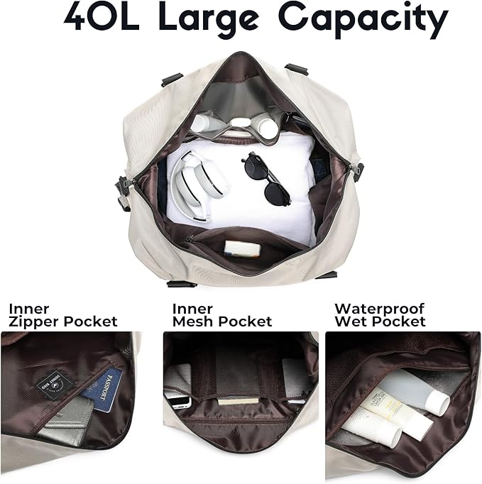 SUNNY BIRD Duffel with Utility Pouch, 40L Weekender Overnight Bag with Shoe Compartment for Travel and Sports (Grey and black)