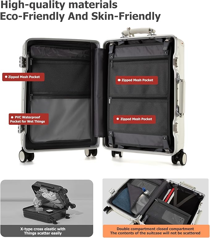 feilario 20'' Aluminum Frame Wide Handle PC Hardside Carry On Luggage - Double Spinner Wheels Luxury Rolling Travel Suitcase with TSA Lock & Cup Holder