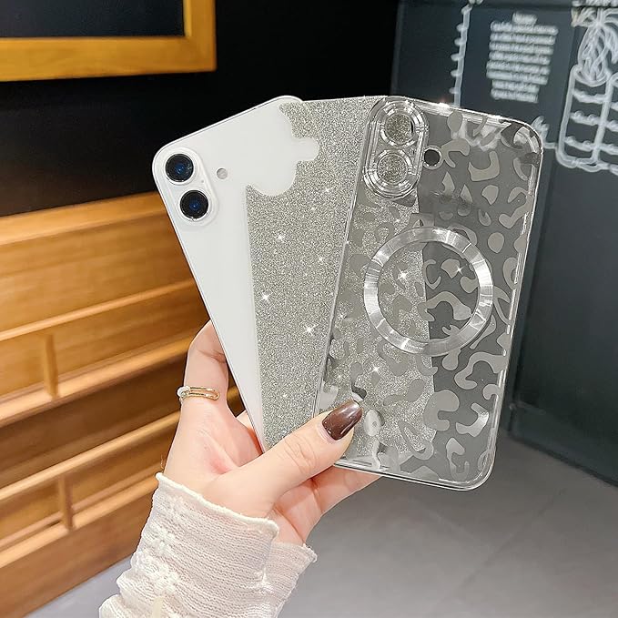 for iPhone 16 Case Magnetic,Soft Cute Luxury Leopard Cheetah Pattern Plating Glitter Bling Phone Case Compatible with MagSafe Clear Shockproof Back Cover for Women Girl 6.1"-Silver