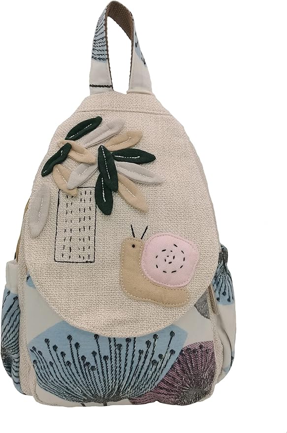 HUANGGUOSHU Women Cotton Woven Hippie Hemp Boho Canvas Embroidery Multi Pocket Retro Cute Backpack Wallet Backpack（Snails）
