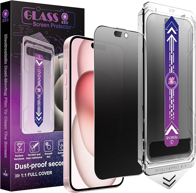 2 Pack Matte Privacy Screen Protector for iPhone 14 Pro/iPhone 15 / iPhone 16, 9H Tempered Glass, Full Coverage, Anti-Fingerprint, Auto Dust-Elimination, No Bubble, Easy Installation