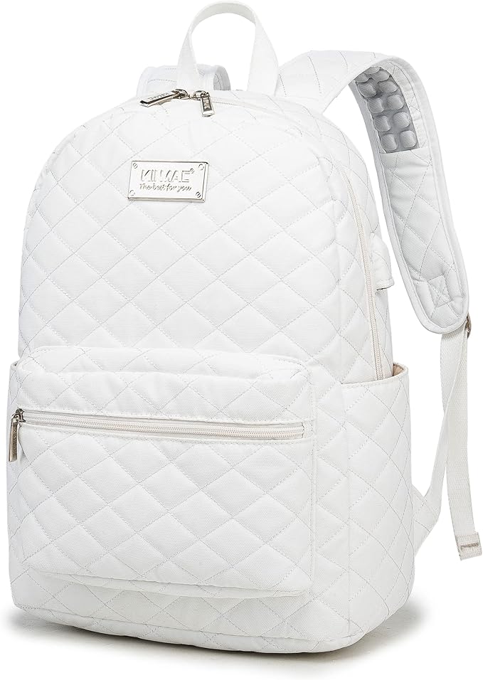 Kinmac Laptop Backpack with Massage Cushion Straps and USB Charging Port for Laptop Up to 15.6 Inch Men Women Travel Outdoor Backpack (White)