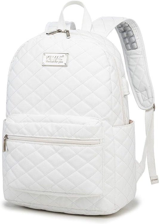Kinmac Laptop Backpack with Massage Cushion Straps and USB Charging Port for Laptop Up to 15.6 Inch Men Women Travel Outdoor Backpack (White)