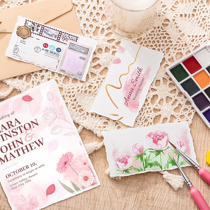 50 Sheets Watercolor Paper 8.5 x 11inch, 160 GSM Deckled Edge Paper Rough/Textured Handmade Paper for Wedding Invitations, Cards, Crafts