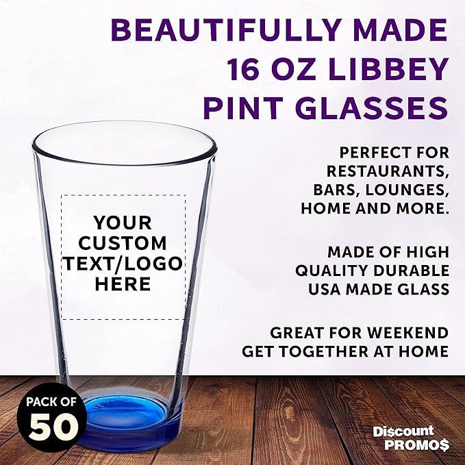 Custom Libbey Pint Glass 16 oz. Set of 50, Personalized Bulk Pack - Beer Glasses, Heavy Duty Drinkware - Blue