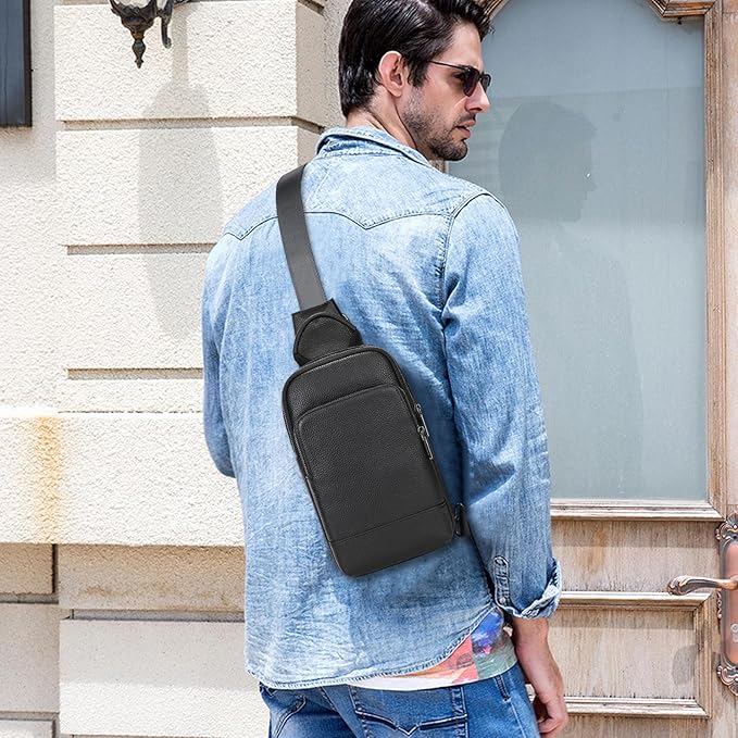Genuine Leather Sling Bag Multi-pocket Chest Bag for Men Hiking Travel Daypack
