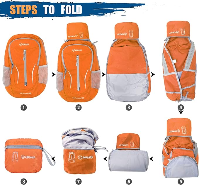 ZOMAKE Ultra Lightweight Packable Backpack 25L, Foldable Hiking Backpacks Water Resistant Small Folding Daypack for Trave(Pastel orange)