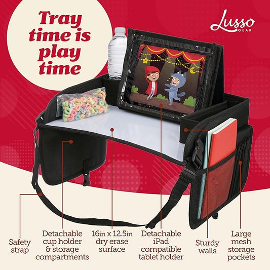 Lusso Gear Car Seat Tray - Dry-Erase Lap Desk for Kids Travel Activities - Snack & Cup Holder for Car Back Seat Organizer - Tablet Stand for Toddler Travel Essentials - Black