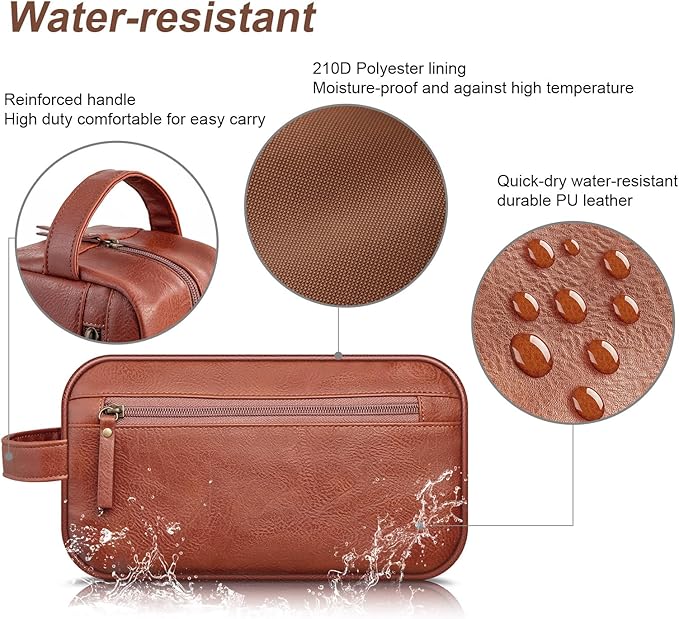 Travel Toiletry Bag for Men and Women, Travel Shaving Dopp Kit Water-resistant Bathroom Toiletries Organizer PU Leather Cosmetic Bags (Brown)