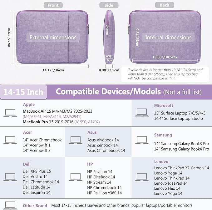 HYZUO 14-15 Inch Laptop Sleeve Bag Set for MacBook Air 15 M4/M3/M2, MacBook Pro 15, XPS 14/15 Plus, 15" Surface Laptop, Notebook Case for 14" HP Lenovo ThinkPad Asus Acer Huawei, Lilac Purple