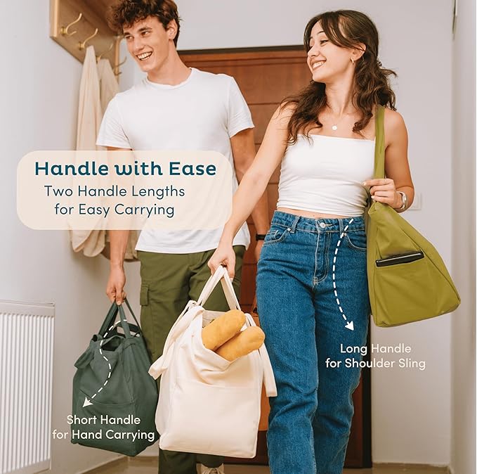 Nook Theory 3 Pcs Reusable Grocery Bags - Heavy Duty Canvas Bag, Large Grocery Tote for Shopping, Picnic, and Daily, 100% Cotton (Army)