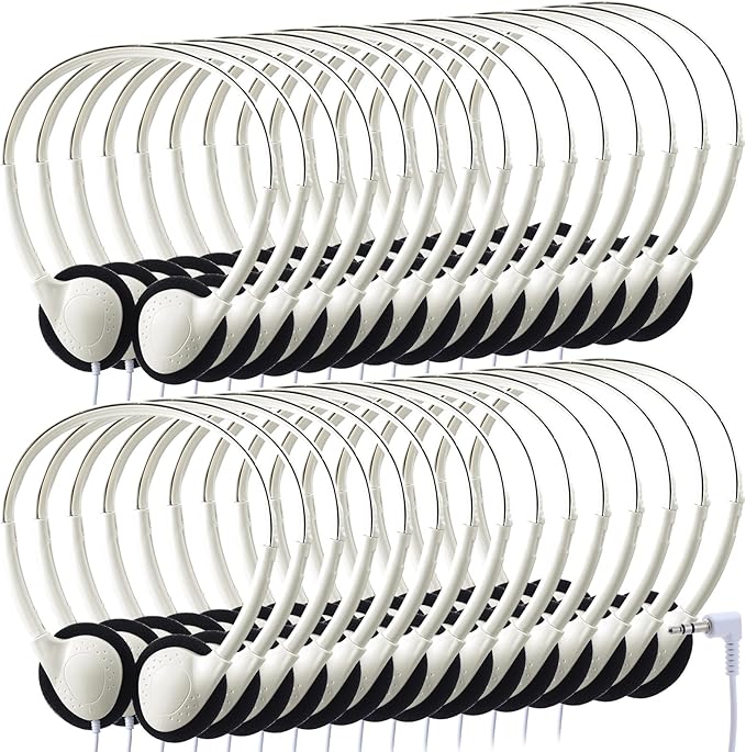 Konohan 30 Pack Kids Headphones Bulk for School Classroom Student Wired Headphones Adjustable with 3.5 mm Jack for Kids Adults(White)