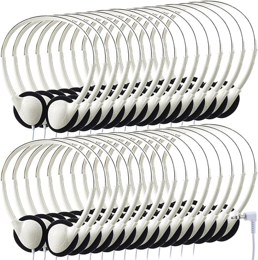 Konohan 30 Pack Kids Headphones Bulk for School Classroom Student Wired Headphones Adjustable with 3.5 mm Jack for Kids Adults(White)