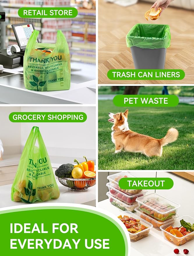 100 Count 100% Biodegradable Thank You Bags – Compostable, Recyclable, Eco-Friendly Grocery T-Shirt, 11.5" x 6.25" x 21", 16 Mic