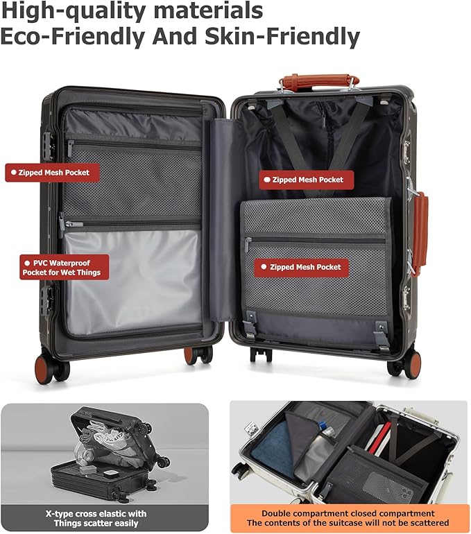 feilario 20'' Aluminum Frame Wide Handle PC Hardside Carry On Luggage - Double Spinner Wheels Luxury Rolling Travel Suitcase with TSA Lock & Cup Holder