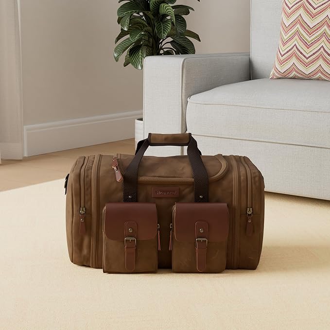 Wildroad Waxed Canvas Genuine Leather 50L Waterproof Duffle Bag - Vintage Travel Weekender Overnight Carry On