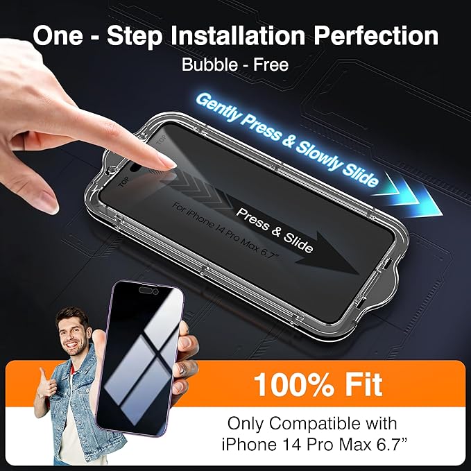 EZ-GLAZ-4+2 Pack for iPhone 14 Pro Max Privacy Screen Protector[6.7 inches] With Camera Lens Protector, [Drop Protection] 9H Hardness Full Coverage Anti-Spy Tempered Glass Film, Easy to install