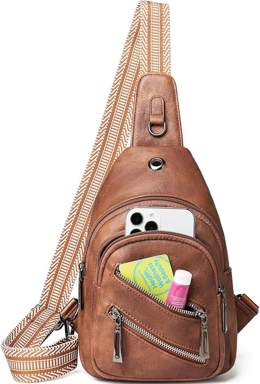 7L Sling Bag For Women Faux Leather Anti Theft Small Casual Daypack Backpack Fanny Pack Crossbody Chest Bags Purse Waterproof Brown