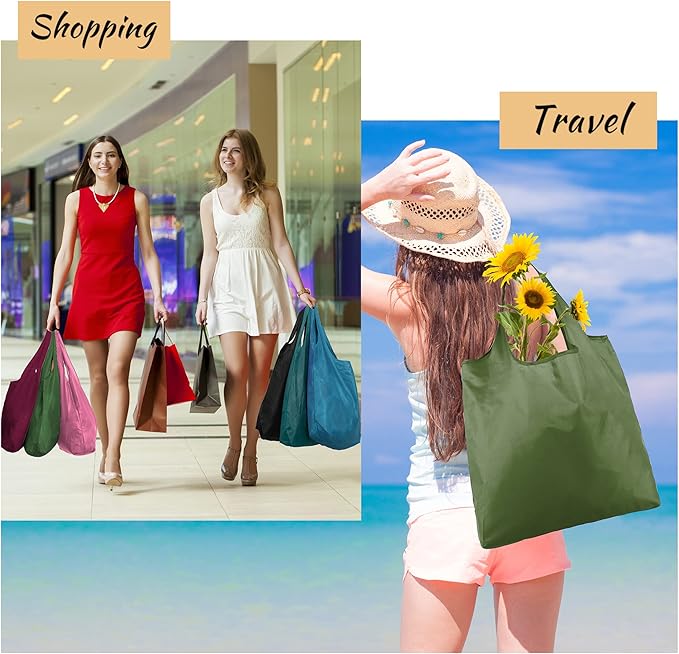 BeeGreen Colorful Kitchen Reusable Grocery Bags - Heavy Duty Foldable Polyester Shopping Bag With Handles, Bulk Travel Tote Bag with Pockets for Women Cloth Reusable Gift Bags