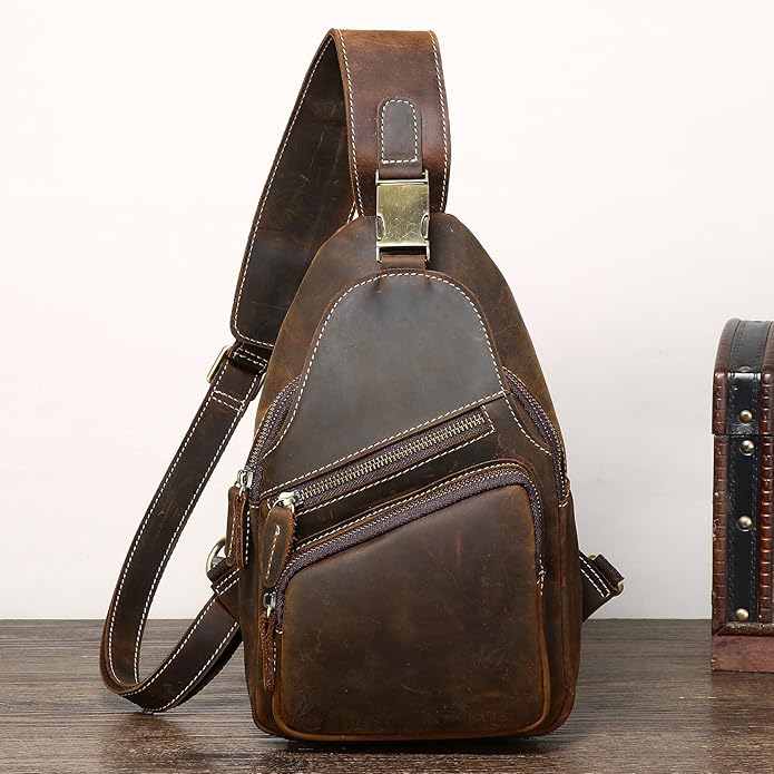Genuine Leather Sling Bag for Men Women Backpack Chest Shoulder Satchel Crossbody Bags Casual Outdoor Daypack