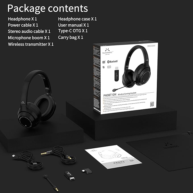 SoundMAGIC P60BT GM Performance Wireless Gaming Headset - Surround Sound 2.4GHz USB/Bluetooth Headphones 50 Hours Lasting Lower Latency Compatibility for PC Mobile PS4 PS5 Xbox Consoles