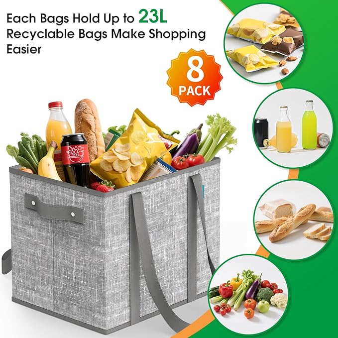 Fab totes Reusable Grocery Bags, Large Foldable Shopping Tote Bags with Reinforced Handles & Hard Bottom,Water Resistant Grocery Bags for kitchen,Picnic,8 Pack, Grey