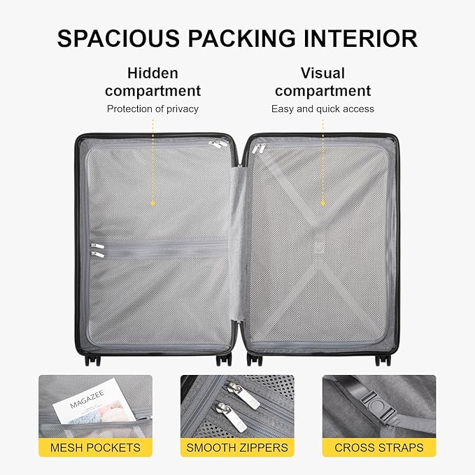 LEVEL8 Large Suitcase with Wheels, Checked Luggage, Lightweight Luminous Textured Tsa Approved Medium Hardside Large Luggages, 24 Inch, Black