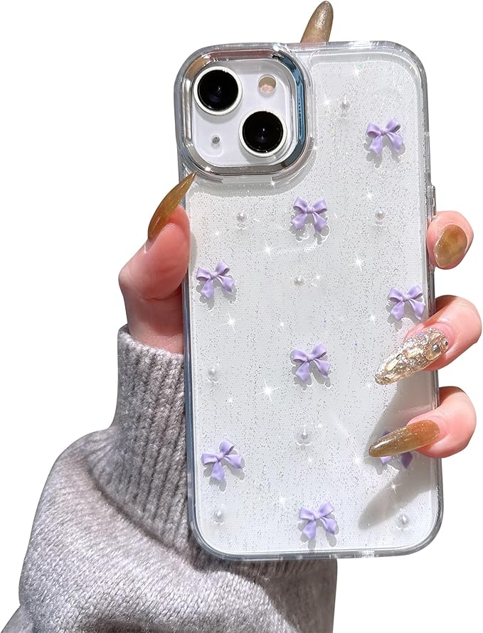 EYZUTAK Case for iPhone 15, Bling Glitter 3D Bowknot Phone Case Cute Sparkly Crystal Clear Bow Aesthetic Design Case Slim Soft Durable TPU Transparent Protective Cover for Women Girl - Purple Bow